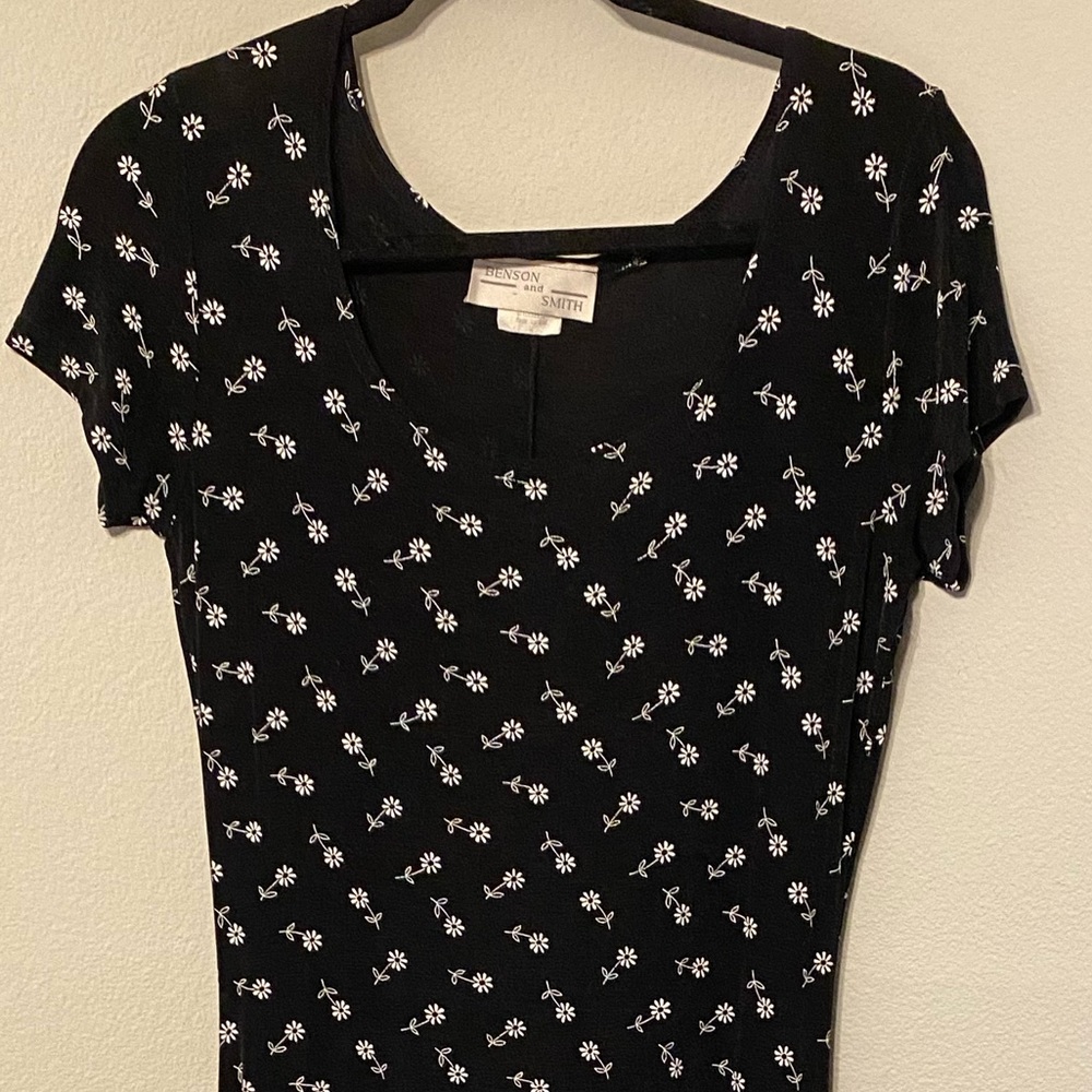 Vintage 90s Daisy Floral Stretchy Maxi Black Dress Cap Sleeve Benson and Smith L